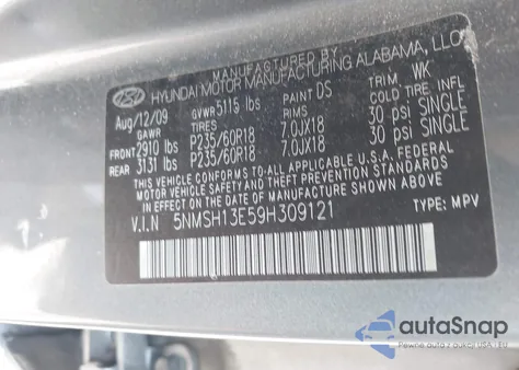 2009 Hyundai Santa Fe Limited from USA, damaged, VIN 5NMSH13E59H309121